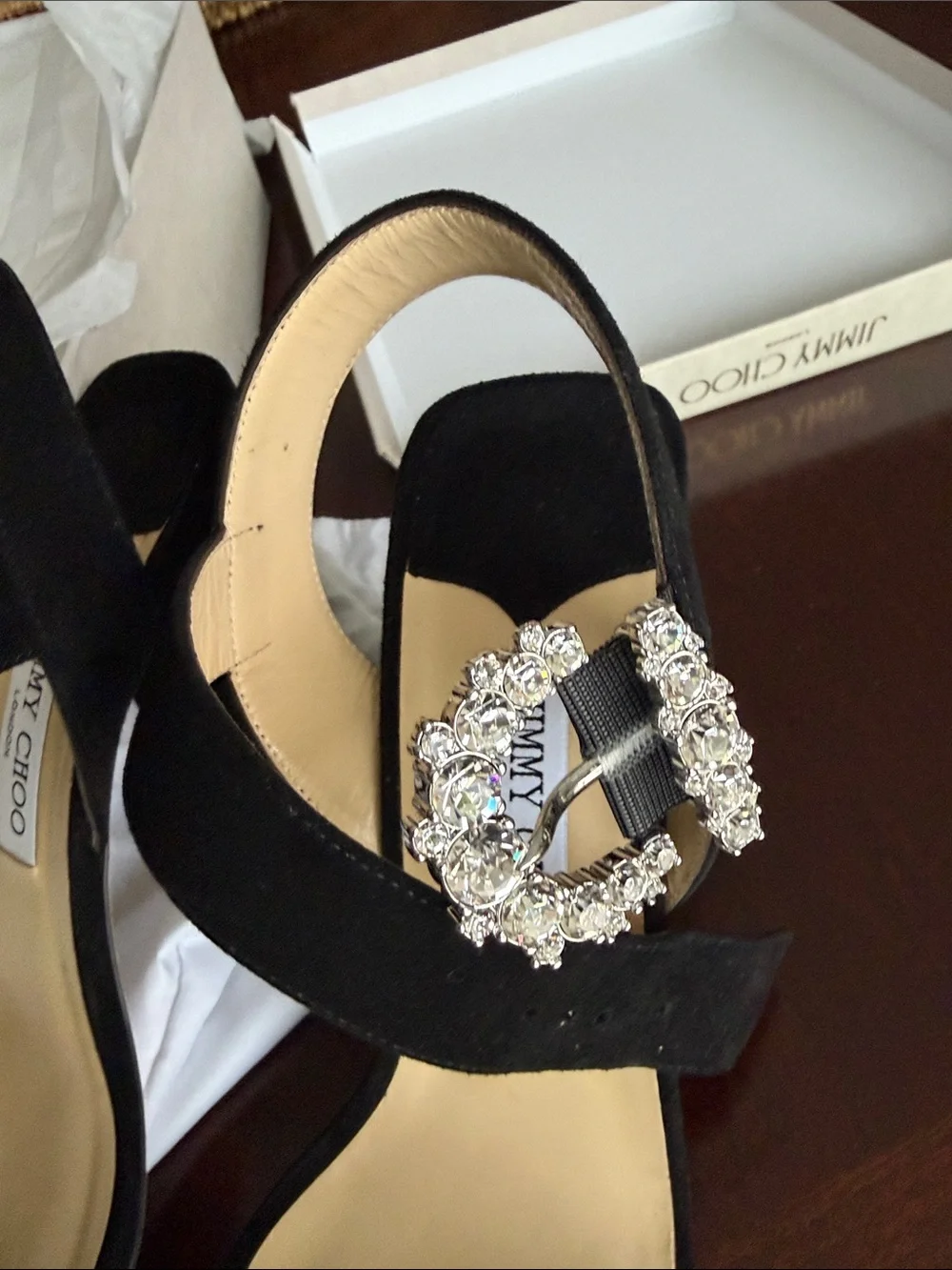 Jimmy Choo Black Suede Crystal-Buckle Block Heel Sandals nwt size 40.5 - Picture 5 of 10